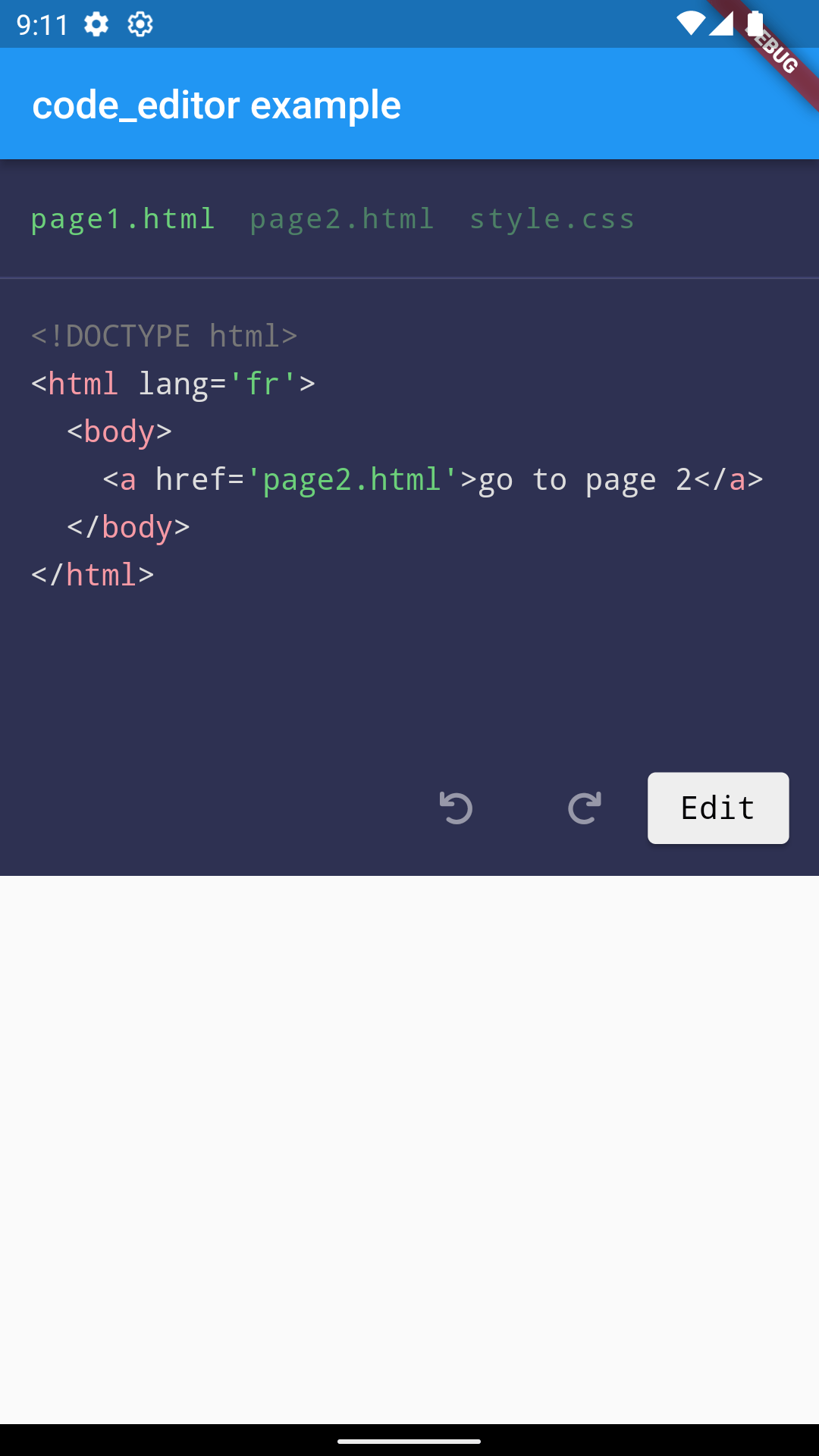 Démo d'un bout de code présenté sur une application utilisant code_editor